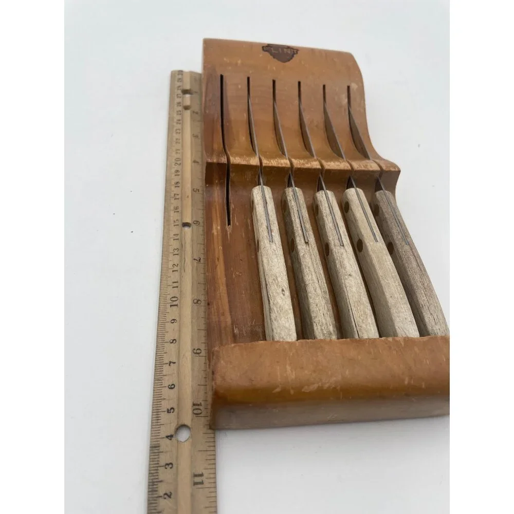 Vintage Flint Stainless Steel Steak Knife Set With Wood Block Holder
